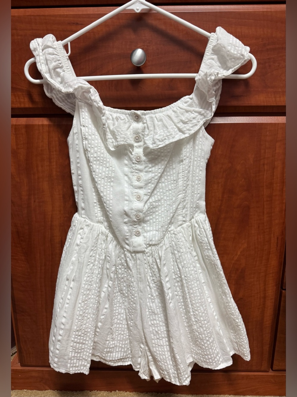 aerie White Ruffle Button Front Romper Shorts XS